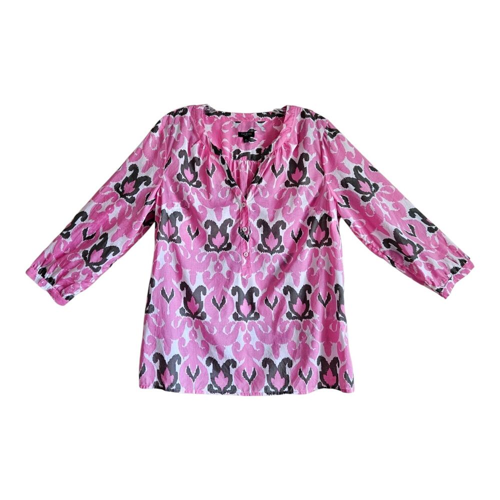 TALBOTS Women's Petite M MP Blouse Pink White 1/2 Buttons Coastal Cotton 40"